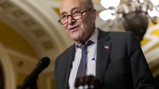 Senate Minority Leader Chuck Schumer (D-NY) speaks at a press conference with other members of Senate Democratic leadership following a policy luncheon at the U.S. Capitol in Washington, DC May 6, 2025.