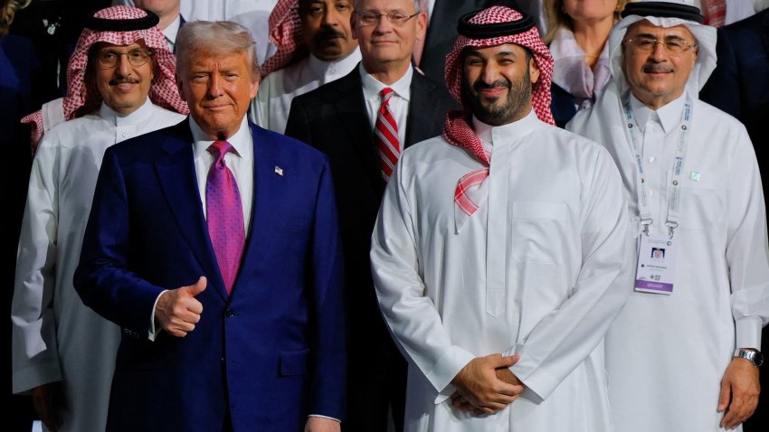 U.S. President Donald Trump and Saudi Crown Prince Mohammed Bin Salman pose for a group photo during the Saudi-U.S. Investment Forum, in Riyadh, Saudi Arabia, May 13, 2025.