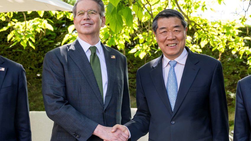 U.S. Secretary of the Treasury Scott Bessent shakes hands with Chinese Vice Premier He Lifeng during the bilateral meeting between the U.S. and China, in Geneva, Switzerland, on May 11, 2025.