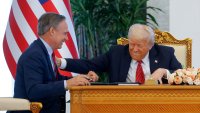 U.S. President Donald Trump and Boeing CEO Kelly Ortberg attend a signing ceremony with Qatar’s Emir Tamim bin Hamad Al Thani (not pictured), in Doha, Qatar, May 14, 2025.