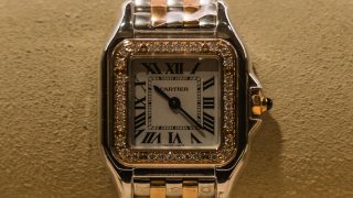 A Cartier de Panthere wristwatch on display at a Cartier luxury goods store, operated by Cie. Financiere Richemont.