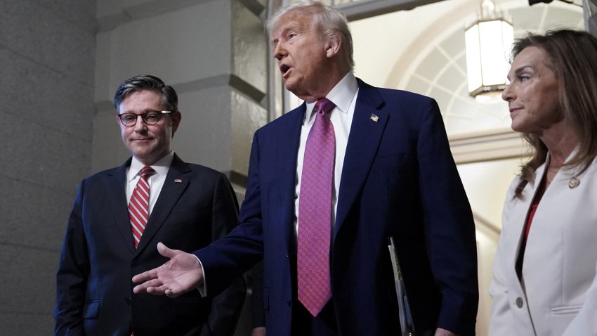 U.S. President Donald Trump and U.S. House Speaker Mike Johnson (R-LA) speak to members of the media, on the day of a closed House Republican Conference meeting on Capitol Hill in Washington, D.C., U.S., May 20, 2025.