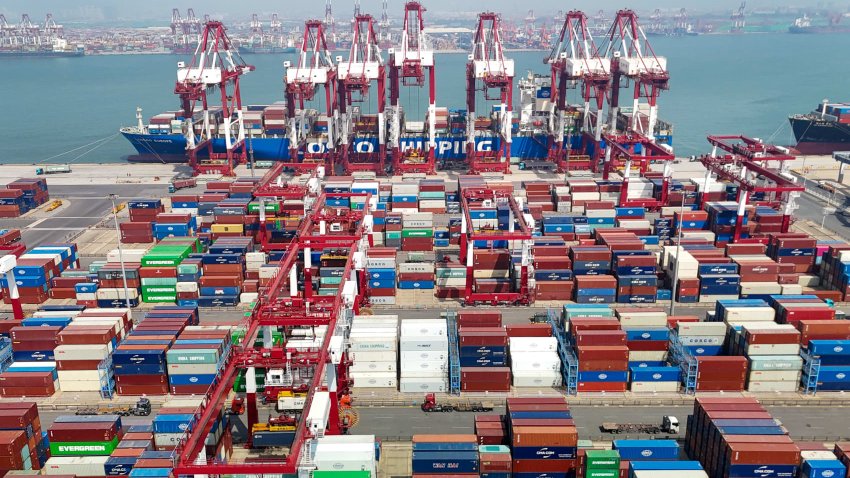 The cargo yard of the Qianwan United Container Terminal of Qingdao Port in Qingdao City, Shandong Province, China.