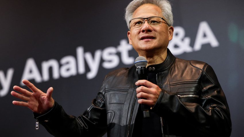 Jensen Huang, co-founder and CEO of Nvidia Corp., speaks during a news conference in Taipei on May 21, 2025.