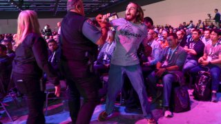 A demonstrator is removed from the audience as they interrupt a presentation by Microsoft Chairman and CEO Satya Nadella at the Microsoft Build 2025 conference in Seattle, Washington on May 19, 2025.