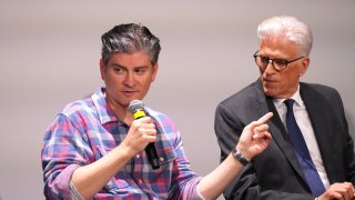 (L-R) Mike Schur and Ted Danson participate in a panel discussion at Netflix’s “A Man on the Inside” Tastemaker at Netflix Home Theater on December 06, 2024 in Los Angeles, California.