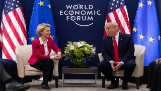 President Donald Trump meets with European Commission President Ursula von Der Leyen at the World Economic Forum, Tuesday, Jan. 21, 2020, in Davos, Switzerland.