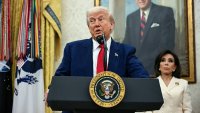 US President Donald Trump speaks during a swearing in ceremony for interim US Attorney for the District of Columbia Jeanine Pirro (R) in the Oval Office of the White House in Washington, DC, on May 28, 2025.