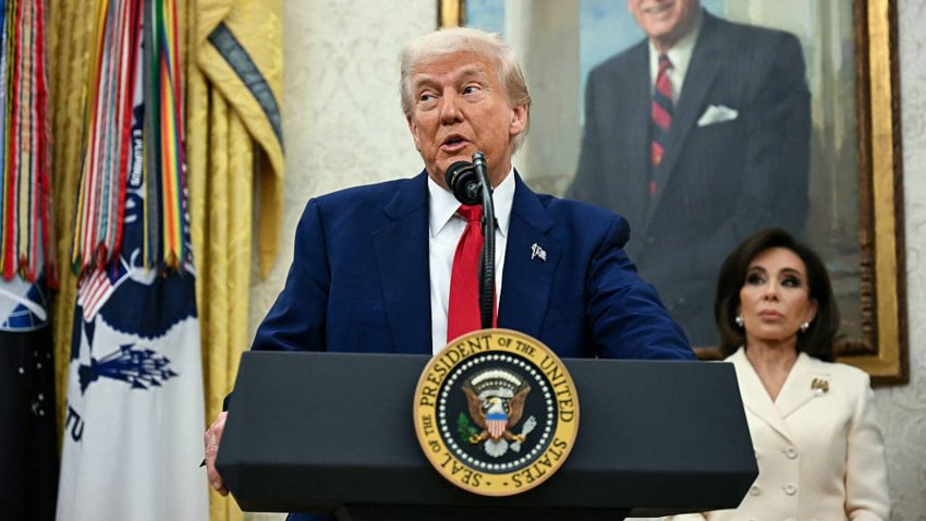 US President Donald Trump speaks during a swearing in ceremony for interim US Attorney for the District of Columbia Jeanine Pirro (R) in the Oval Office of the White House in Washington, DC, on May 28, 2025.