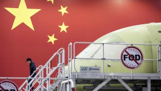 A Commercial Aircraft Corp. of China (Comac) C919 aircraft under assembly at the Comac Shanghai Research and Development Center on May 4, 2017.