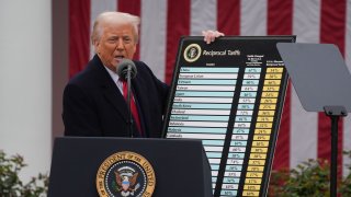 President Donald Trump holds a chart as he announces a plan for tariffs on imported goods during an event April 2, 2025, in the Rose Garden at the White House.