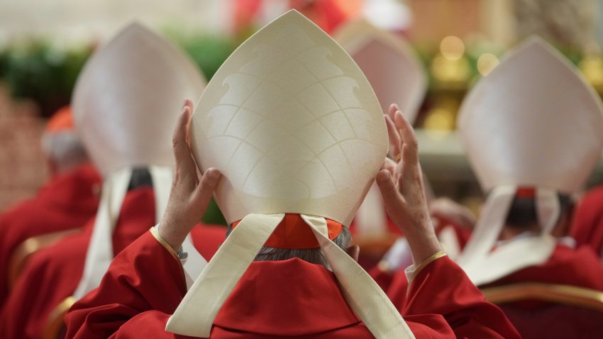 Cardinals attend a mass on the fifth of nine days of mourning for late Pope Francis, in St. Peter’s Basilica at the Vatican, Wednesday, April 30, 2025.