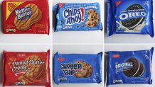 This combo of images shows, top row from left, Mondelez's products Nutter Butter, Chips Ahoy! and Oreo cookies; bottom row from left, shows Aldi’s products, Peanut Butter Creme, Chocolate Chip  Cookies and Original Chocolate Sandwich Cookies with Vanilla Filing, Thursday, May 29, 2025, in Glenview, Ill. (AP Photos/Nam Y. Huh)