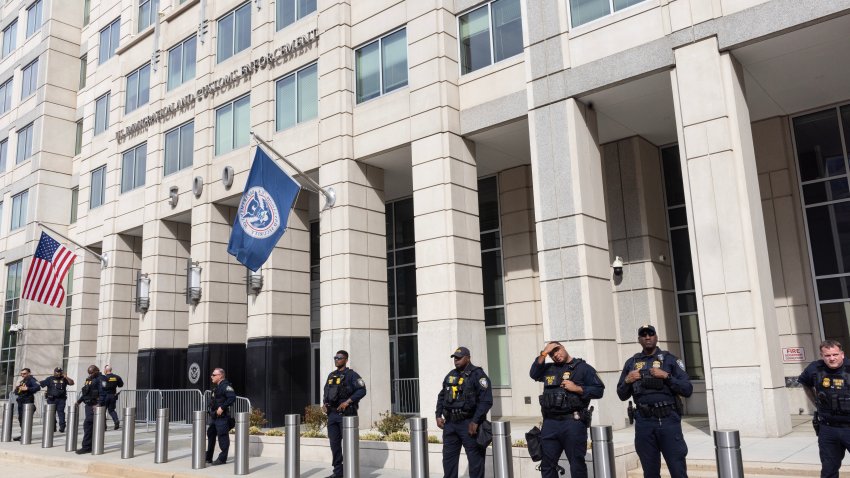 WASHINGTON, D.C.- APRIL 05: Metro police guard the headquarters of Immigration and Customs Enforcement as Pro Palestine demonstrators hold a rally and march to the national ICE headquarters to protest the arrest of Palestinian activists, April 5, 2025 in Washington, D.C. (Photo by Andrew Lichtenstein/Corbis via Getty Images)