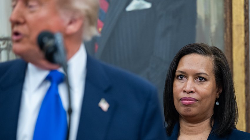 Mayor of DC Muriel Bowser at an event unveiling plans to host the 2027 NFL Draft in DC with President Donald Trump in the Oval Office of the White House on May 5, 2025 in Washington, DC. President Trump was joined by NFL Commissioner Roger Goodell, owner of the Washington Commanders team Josh Harris, and others. (Photo by Annabelle Gordon for The Washington Post via Getty Images)