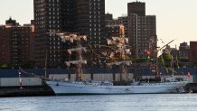 NEW YORK, NEW YORK - MAY 18: The Mexican Navy sailing ship that crashed into the Brooklyn Bridge sits moored in lower Manhattan on May 18, 2025 in New York City. The ship, the Cuauhtémoc, which snapped all three of its masts as it collided with the New York City landmark bridge, killed at least two people and injured 19 others. (Photo by Spencer Platt/Getty Images)