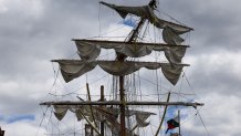 NEW YORK, NEW YORK - MAY 18: The damaged masts of the Cuauhtémoc, a Mexican Navy training ship that crashed into the Brooklyn Bridge, are seen as it sits docked at Pier 36 in lower Manhattan on May 18, 2025 in New York City. The ship, which snapped all three of its masts as it collided with the New York City landmark bridge, killed at least two people and injured dozens of others. (Photo by Spencer Platt/Getty Images)