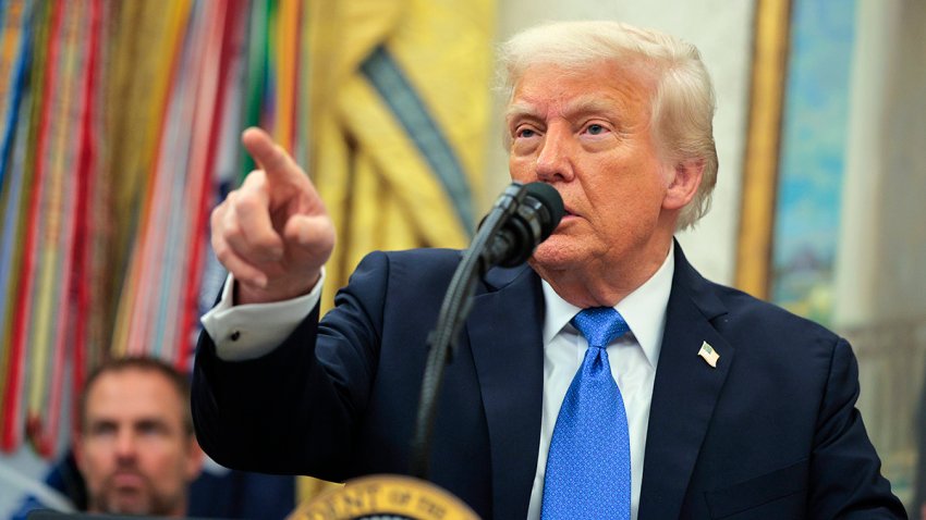 President Donald Trump speaks at a ceremony before posthumously awarding Medals of Sacrifice to three fallen Palm Beach County Sheriff's Office deputies in the Oval Office of the White House on May 19, 2025.