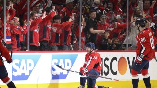 Washington Capitals center Connor McMichael celebrates his goal in the second period of Game 2 of a second-round NHL hockey playoff series against the Carolina Hurricanes.