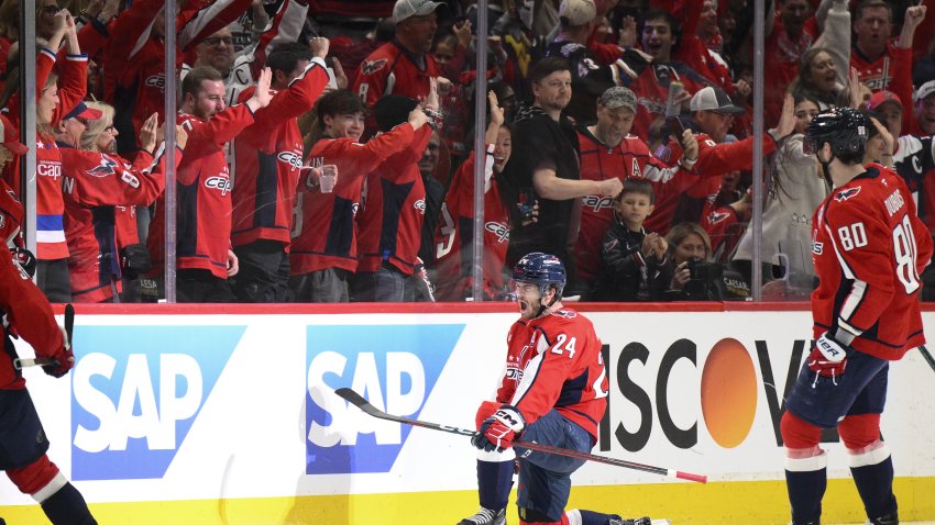 Washington Capitals center Connor McMichael celebrates his goal in the second period of Game 2 of a second-round NHL hockey playoff series against the Carolina Hurricanes.