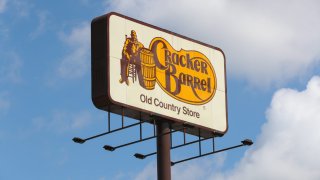 The logo for Cracker Barrel Old Country Store is seen on a sign along Interstate 80.