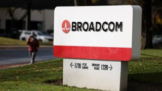 A sign is posted in front of a Broadcom office in San Jose, California, on Dec. 12, 2024.