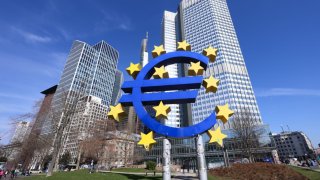 The Euro Sculpture at Willy-Brandt-Platz in the financial district of Frankfurt, Germany, on March 6, 2025.