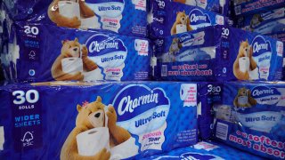 Packages of Charmin Ultra Soft bath tissue are stacked at a Costco Wholesale store in San Diego, California, on March 11, 2025.