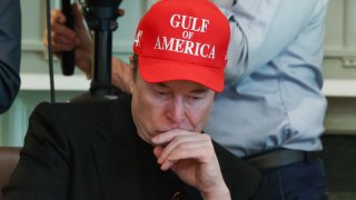 Tesla CEO Elon Musk wears a cap with the words “Gulf of America” as he attends a cabinet meeting held by U.S. President Donald Trump at the White House in Washington, D.C., U.S., April 30, 2025.