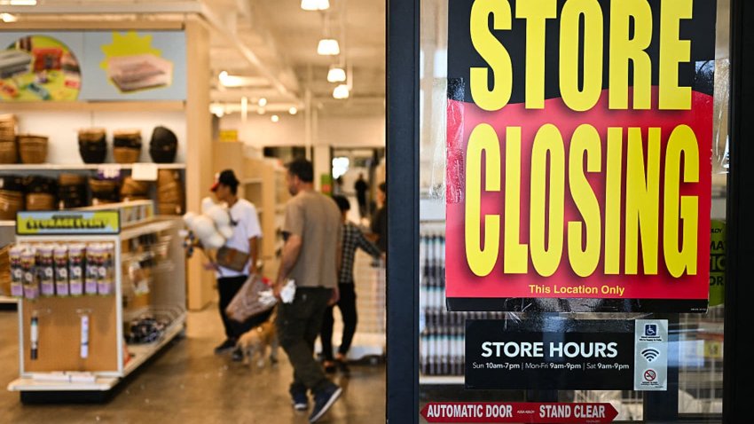 A store closing sign is displayed as customers shop during the last day of a store closing sale at a JOANN Fabric and Crafts location in a shopping mall following the company’s bankruptcy in Torrance, California on May 27, 2025.