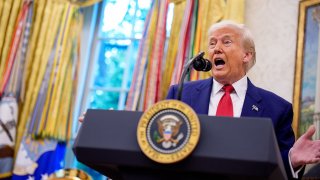 U.S. President Donald Trump speaks during a swearing in ceremony for U.S. Attorney for Washington, D.C. Jeanine Pirro in the Oval Office of the White House on May 28, 2025 in Washington, DC.