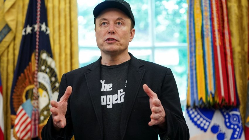 Elon Musk speaks during a press event with U.S. President Donald Trump (not pictured), at the White House in Washington, D.C., U.S., May 30, 2025.