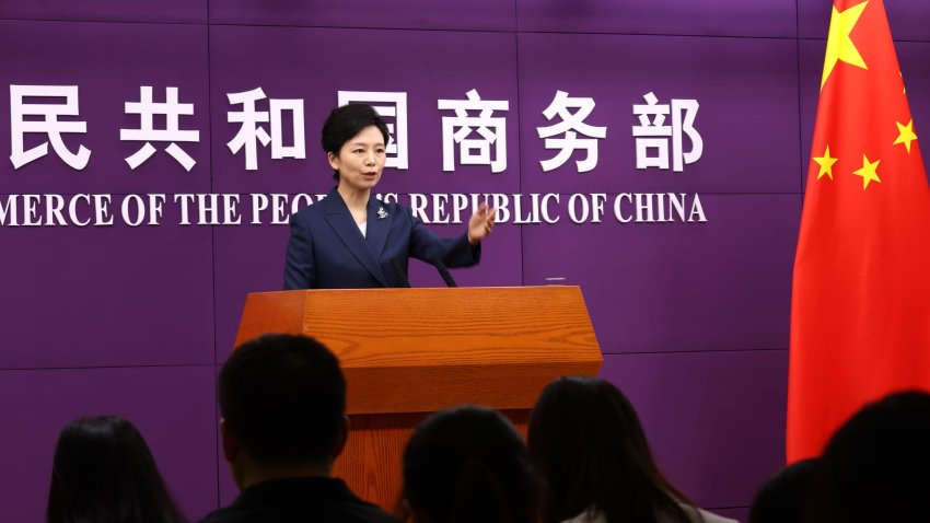 BEIJING, CHINA – MAY 22: He Yongqian, spokesperson for China’s Ministry of Commerce, attends a regular press conference on May 22, 2025 in Beijing, China.