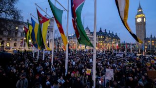 The view of protesters during the rally at Britain’s Parliament Square.
