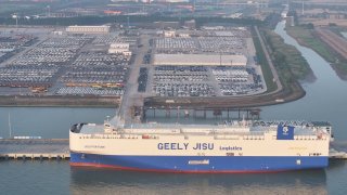The JISU FORTUNE ship carries over 5,000 vehicles at Taicang Port and makes its maiden voyage to European countries such as the Netherlands and Belgium in Suzhou City, Jiangsu Province, China, on May 22, 2025.