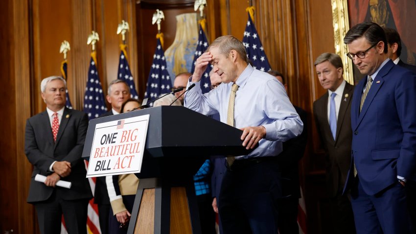 House Judiciary Committee Chairman Rep. Jim Jordan (R-OH) (C) speaks alongside U.S. Speaker of the House Mike Johnson (R-LA) at a news conference after the House narrowly passed a bill forwarding President Donald Trump’s agenda at the U.S. Capitol on May 22, 2025 in Washington, DC.