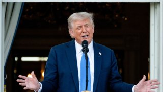 US President Donald Trump speaks from the Truman balcony from the White House on Wed., June 4, 2025.