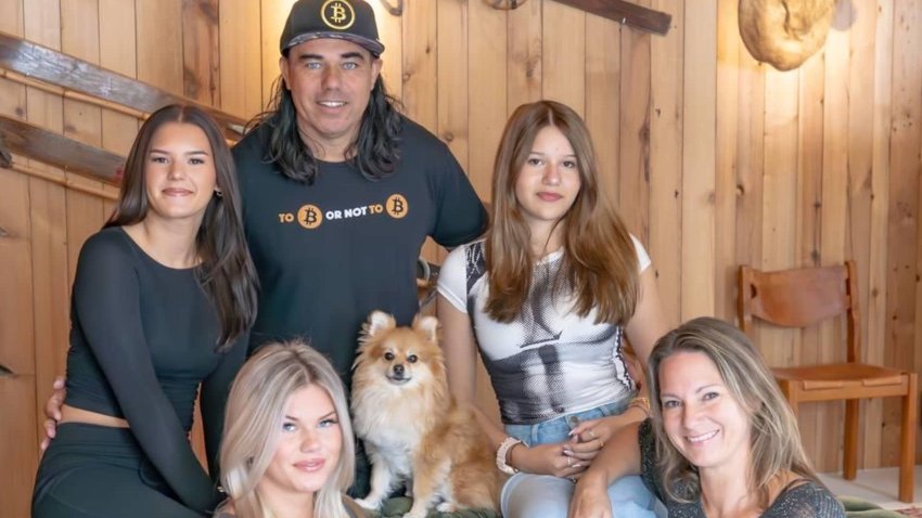 The Taihuttus on a ski trip to Sierra Nevada in southern Spain. They sold everything they owned in 2017 to bet on bitcoin — and now travel full-time as a family of five.