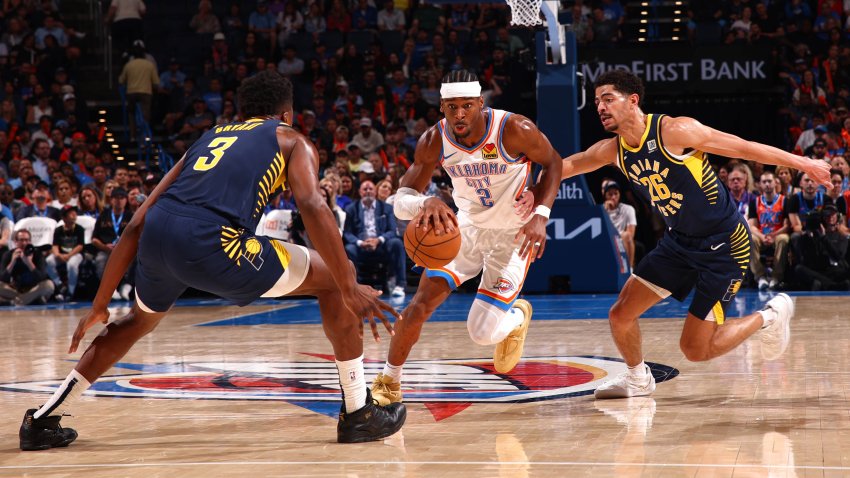 Shai Gilgeous-Alexander of the Oklahoma City Thunder dribbles the ball
