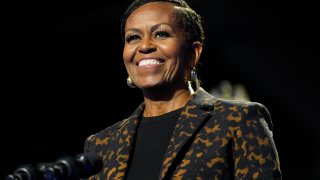 FILE – Former first lady Michelle Obama speaks at a campaign rally for democratic presidential nominee Vice President Kamala Harris in Kalamazoo, Mich., on Oct. 26, 2024.
