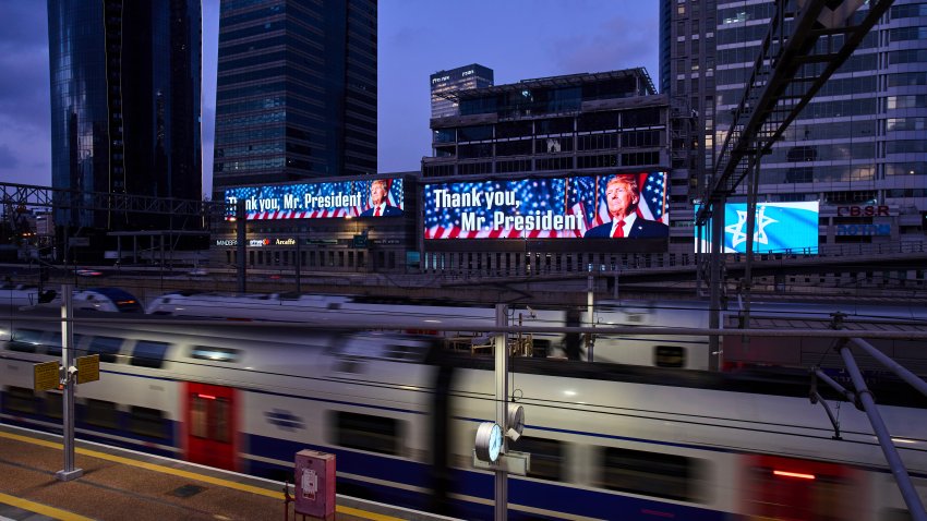 An electronic billboard beams an image of President Donald Trump alongside the message “Thank you, Mr. President” referring to the U.S. involvement in the war between Israel and Iran, in Ramat Gan, Israel, Sunday, June 22, 2025.