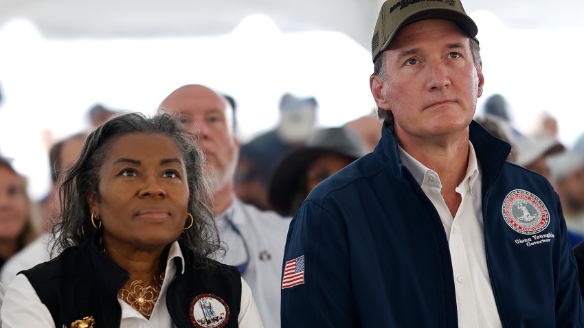 MARTINSVILLE, VIRGINIA – MARCH 30: Virginia Governor Glenn Youngkin and Lieutenant Governor Winsome Earle-Sears attend the Drivers Meeting prior to the NASCAR Cup Series Cook Out 400 at Martinsville Speedway on March 30, 2025 in Martinsville, Virginia. (Photo by Logan Riely/Getty Images)