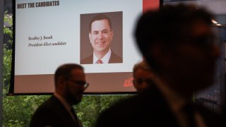 A slide showing President-Elect Candidate Brad Bondi is seen at a D.C. Bar reception on May 01, 2025 in Washington, DC. (Photo by Craig Hudson For The Washington Post via Getty Images)