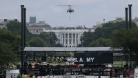 June 9, 2025: Marine One lands at the White House as workers put up a riser ahead of the Army’s 250th birthday parade and celebration.