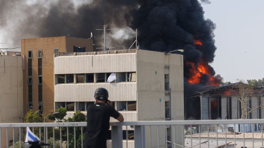 Fire and smoke from an Iranian missile strike in Hertzliya, Israel, on Tuesday, June 17, 2025. Iran fired several waves of drones and missiles over the last 24 hours, while Israel continued hitting Tehran, killing one more senior military official and setting the state-television complex ablaze with a strike during a live broadcast.