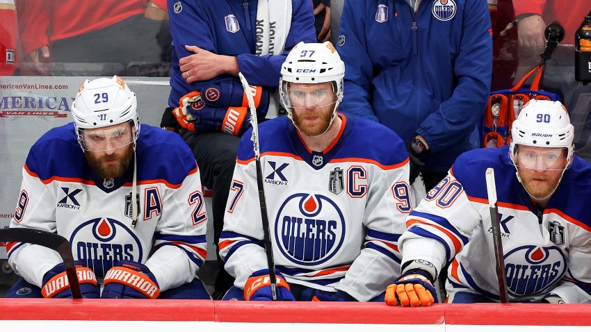 Leon Draisaitl, Connor McDavid and Corey Perry