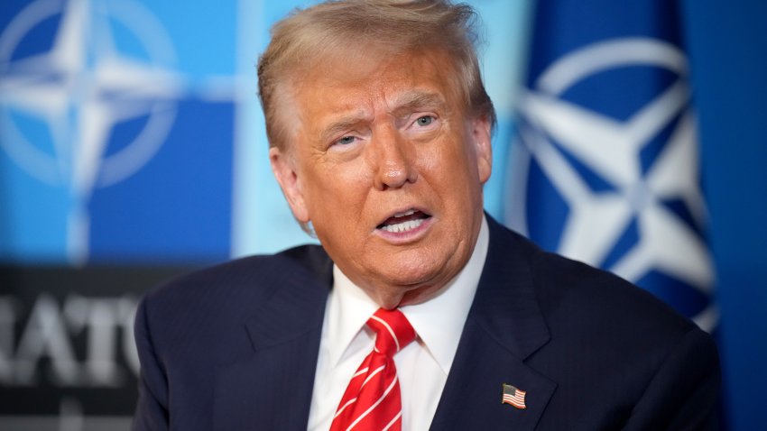 U.S. President Donald Trump speaks to media at the start of the second day of the 2025 NATO Summit on June 25, 2025 in The Hague, Netherlands.