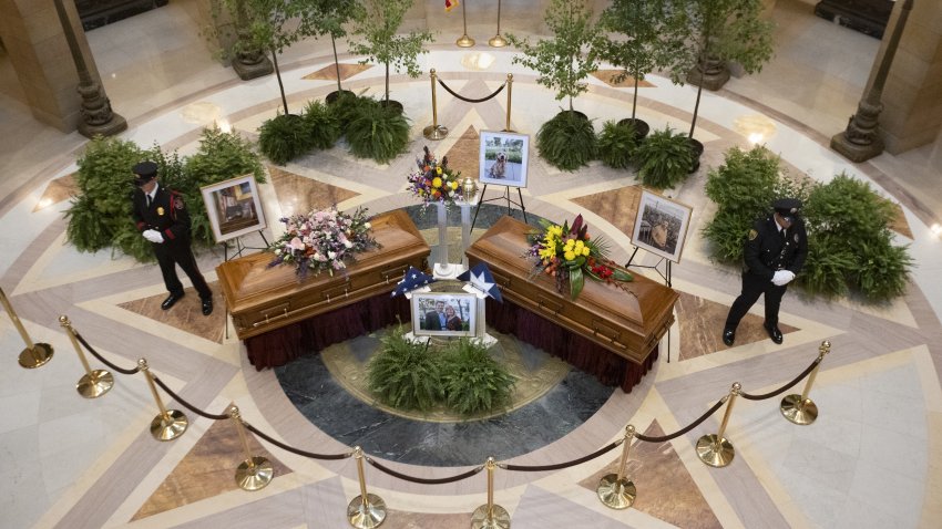 SAINT PAUL, UNITED STATES – JUNE 27: The Minnesota State Capitol opens for the public to pay their respects to Rep. Melissa Hortman, her husband Mark Hortman, and their dog Gilbert who were assassinated by Vance Boelter in Saint Paul, Minnesota, United States on June 27, 2025. They had their caskets and their dogs ashes put in the Capitol rotunda.