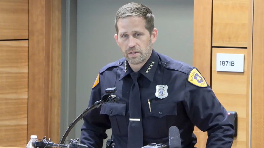 In this image taken from video provided by the Salt Lake City Police Department, Salt Lake City Police Chief Brian Redd speaks to the media during a press conference Sunday, June 15, 2025, about a June 14 shooting incident at a demonstration in Salt Lake City.