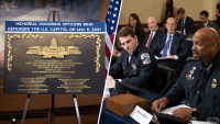 Left: A mockup of the plaque; Right: Officer Daniel Hodges and former U.S. Capitol Police officer Harry Dunn during a 2021 hearing on the January 6 attack.